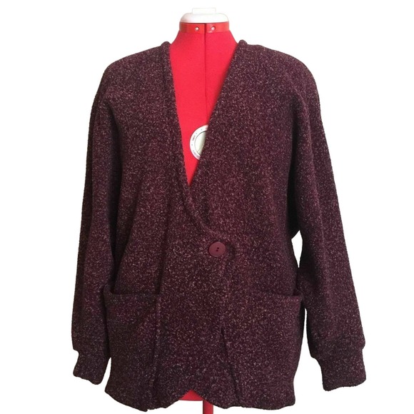 Burgundy Chunky Woven Jacket Women XL One Button 2 Large Pockets Shoulder Pads - Picture 1 of 9